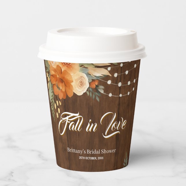 Fall in Love Rustic Fall Flowers Bridal Shower Paper Cups (Front)