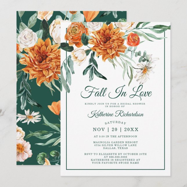 Fall In Love Rustic Floral Autumn Bridal Shower Invitation (Front/Back)