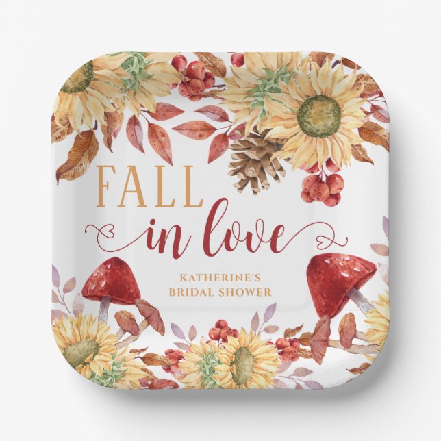 Fall In Love Rustic Floral Autumn Bridal Shower Paper Plate (Front)