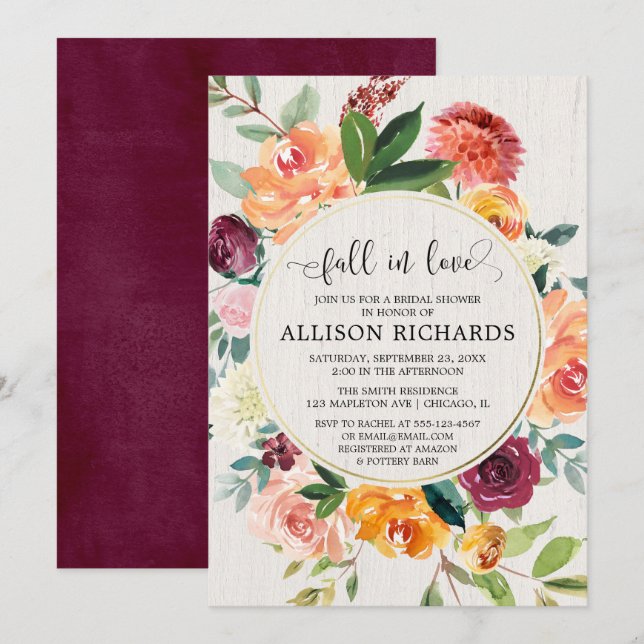 Fall in love Rustic floral foliage bridal shower Invitation (Front/Back)