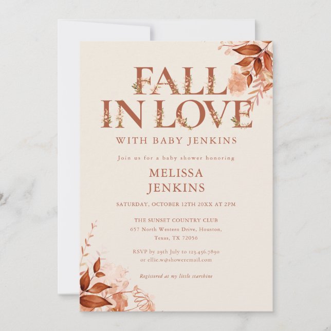 Fall In Love Rustic Floral Letter Baby Shower Invitation (Front)