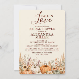 Fall In Love Rustic Floral Pumpkin Bridal Shower Invitation