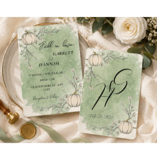 Fall in love Rustic Green Autumn Pumpkin Wedding Invitation