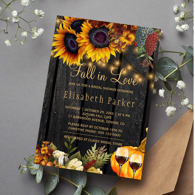 Fall in Love rustic harvest wood bridal shower Invitation (Creator Uploaded)