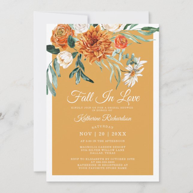 Fall In Love Rustic Mustard Yellow Bridal Shower Invitation (Front)