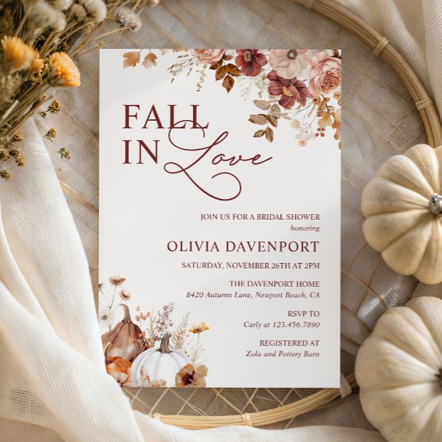 Fall in Love Rustic Pumpkin Floral Bridal Shower Invitation (Creator Uploaded)