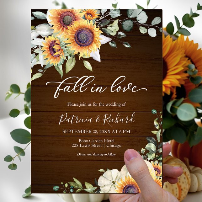 Fall in Love Rustic Pumpkin Sunflower Wedding Invitation (Creator Uploaded)
