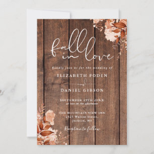 Fall In Love Rustic Wood Autumn Floral Wedding Invitation