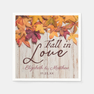 Fall in Love Rustic Wood Autumn Leaves Wedding Napkin