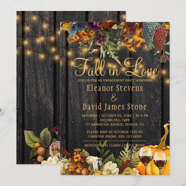 Fall in Love rustic wood floral engagement party Invitation (Front/Back)