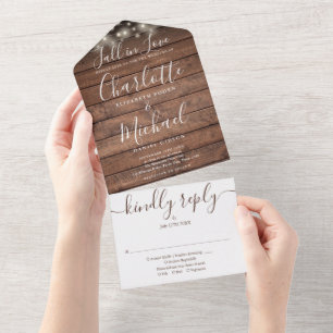 Fall In Love Rustic Wood String Lights Wedding All In One Invitation
