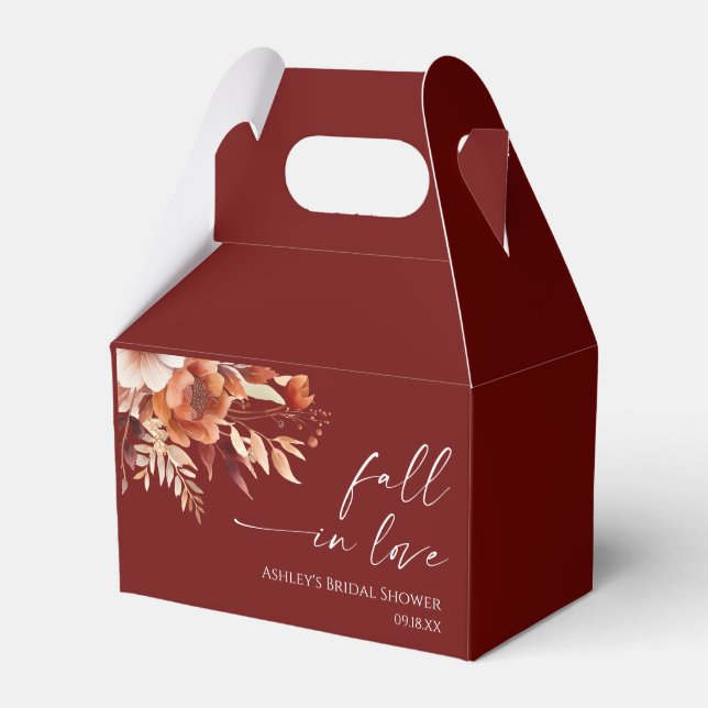 Fall In Love Rusty Burgundy Floral Bridal Shower Favour Box (Front Side)