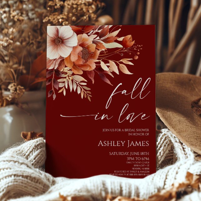 Fall In Love Rusty Burgundy Floral Bridal Shower Invitation (Creator Uploaded)