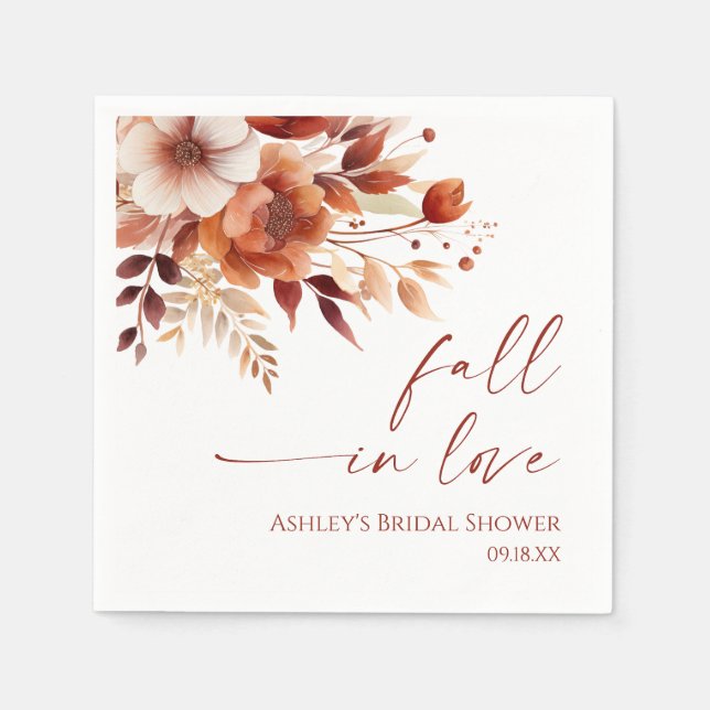 Fall In Love Rusty Burgundy Floral Bridal Shower Napkin (Front)