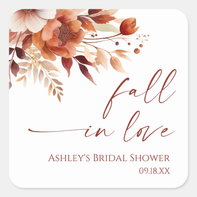 Fall In Love Rusty Burgundy Floral Bridal Shower Square Sticker (Front)