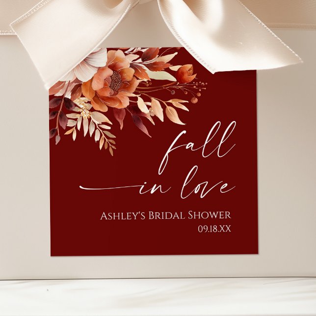 Fall In Love Rusty Burgundy Floral Bridal Shower Square Sticker (Creator Uploaded)
