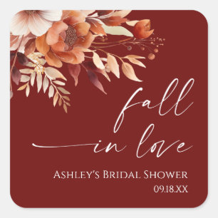 Fall In Love Rusty Burgundy Floral Bridal Shower Square Sticker
