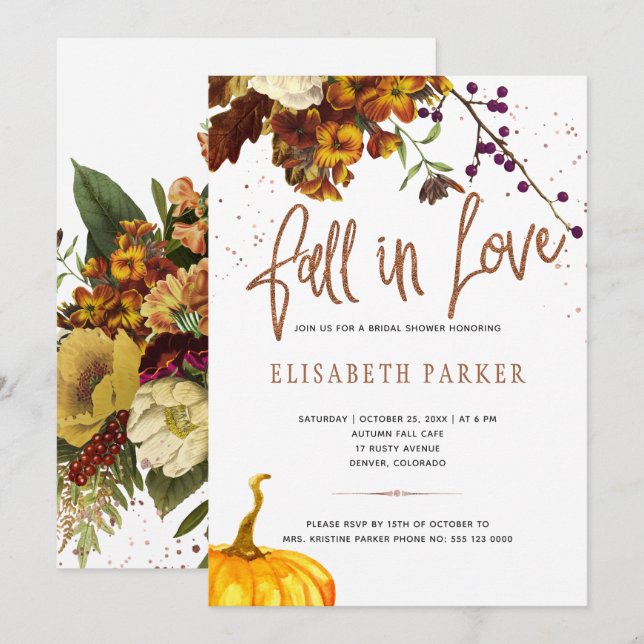 Fall in Love rusty floral modern bridal shower Invitation (Front/Back)