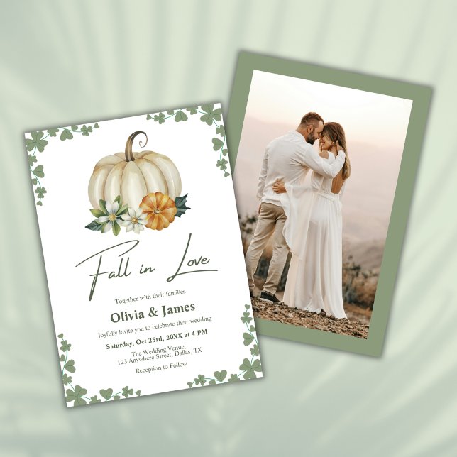 Fall in Love Sage Green Pumpkin Photo Wedding Invitation (Fall in Love Greenery Sage Green Pumpkin Photo Wedding Invitation  )