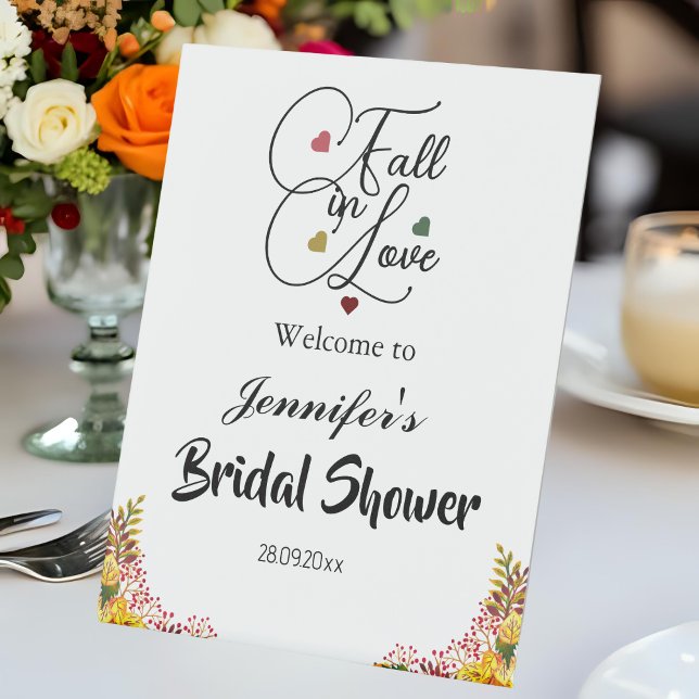 Fall in Love Script Bridal Shower Welcome Tabletop Pedestal Sign (Creator Uploaded)