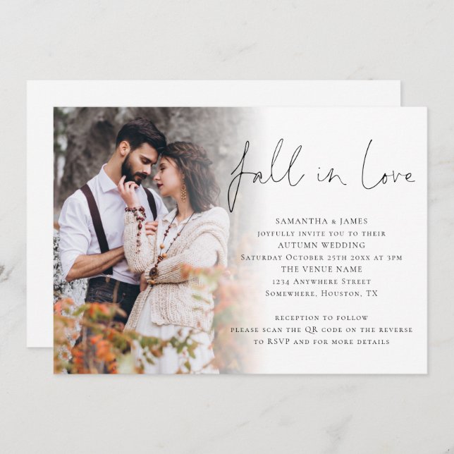 Fall In Love Script Photo Overlay QR Code Wedding Invitation (Front/Back)