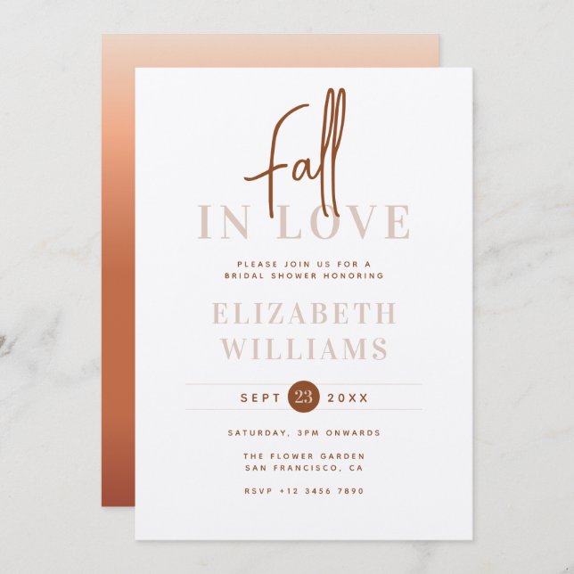 Fall In Love Simple Modern Autumn Bridal Shower Invitation (Front/Back)
