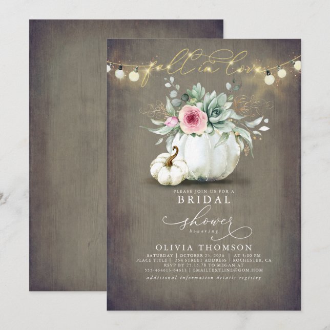 Fall in Love Succulents Pumpkins Bridal Shower Inv Invitation (Front/Back)
