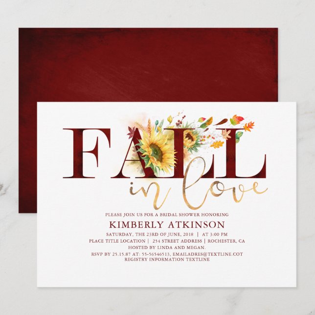 Fall in Love Sunflower Burgundy Chic Bridal Shower Invitation (Front/Back)