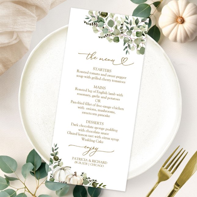 Fall in Love Sunflower Pumpkin Wedding Menu Cards (Creator Uploaded)