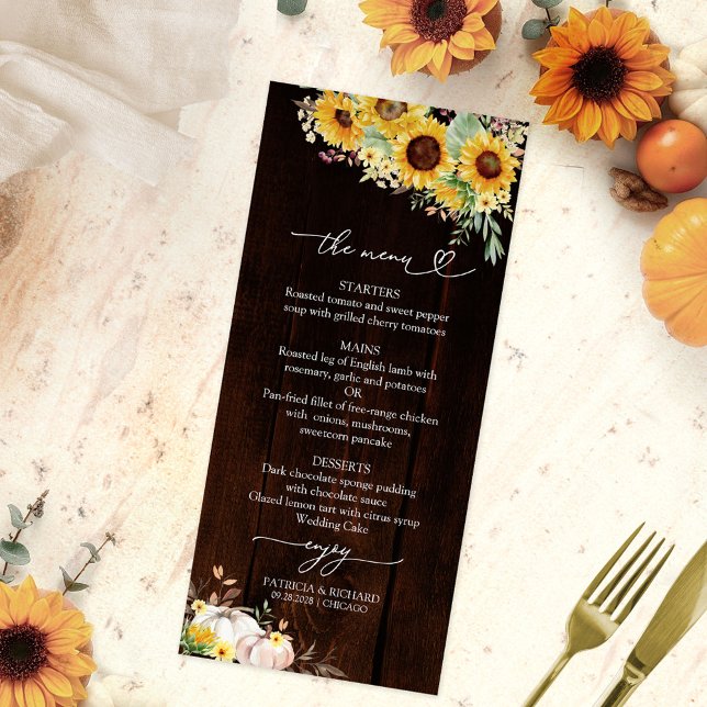 Fall in Love Sunflower Pumpkin Wedding Menu Cards (Creator Uploaded)