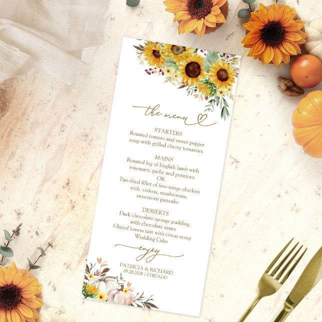 Fall in Love Sunflower Pumpkin Wedding Menu Cards (Creator Uploaded)