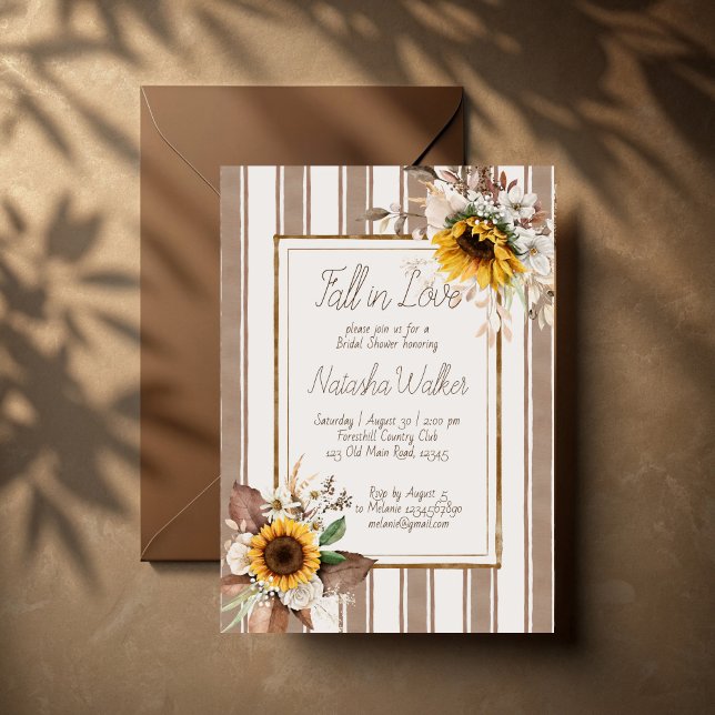 Fall in love sunflowers brown stripe bridal shower invitation (Fall in love sunflowers brown stripes bridal shower invitation template terracotta retro invites)