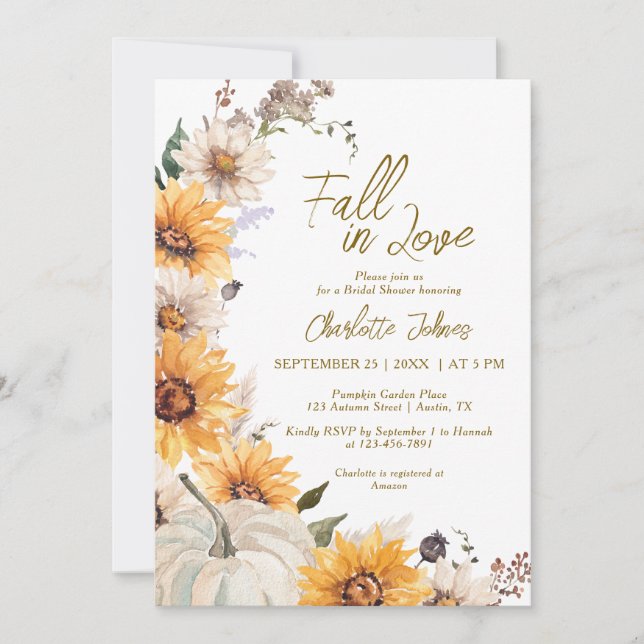 Fall In Love Sunflowers Pumpkin Boho Bridal Shower Invitation (Front)
