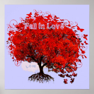 Fall In Love Swirls Roots Puzzle Pieces Red Tree Poster