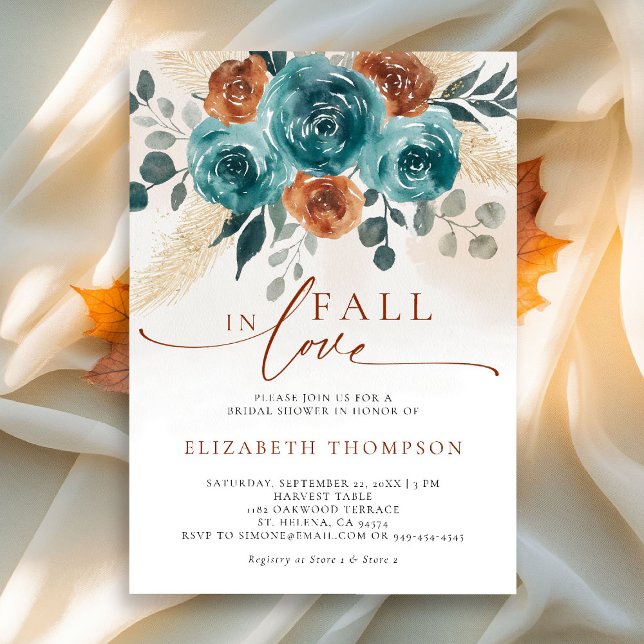 Fall in Love Teal Burnt Orange Boho Bridal Shower Invitation (fall in love bridal shower invitation teal burnt orange terracotta watercolor floral botanical earth)