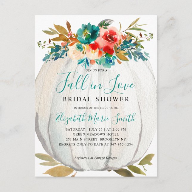 Fall in Love Teal Floral Pumpkin Bridal Shower Postcard (Front)