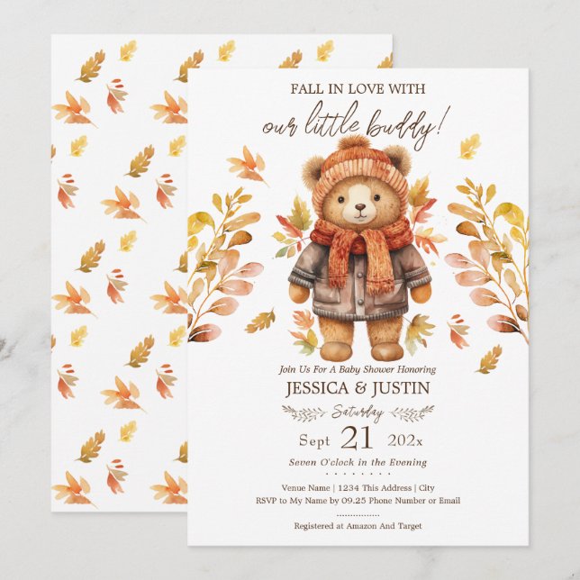 Fall in Love Teddy Bear Leaves Baby Shower Invitation (Front/Back)