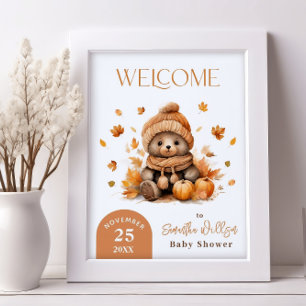 Fall In Love Teddy Bear Orange Pumpkin Welcome Poster
