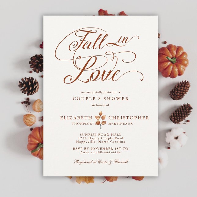 Fall in Love Terracotta Autumn Leaf Couple Shower Invitation (fall in love couple wedding shower invitation romantic calligraphy terracotta elegant rustic boho)