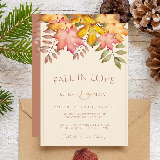 Fall in Love Terracotta Fall Autumn Leaves Wedding Invitation (Creator Uploaded)