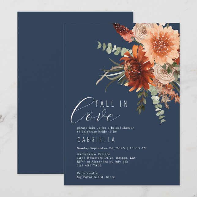Fall In Love Terracotta Floral Blue Bridal Shower Invitation (Front/Back)