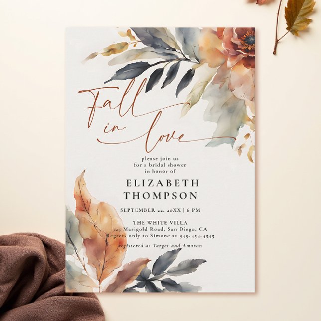 Fall in Love Terracotta Leaves Duo Bridal Shower Invitation (fall bridal shower invitations botanical foliage terracotta burnt orange leaves watercolor)