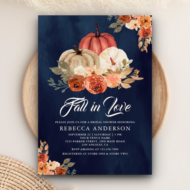 Fall in Love Terracotta Pumpkin Navy Bridal Shower Invitation (Creator Uploaded)