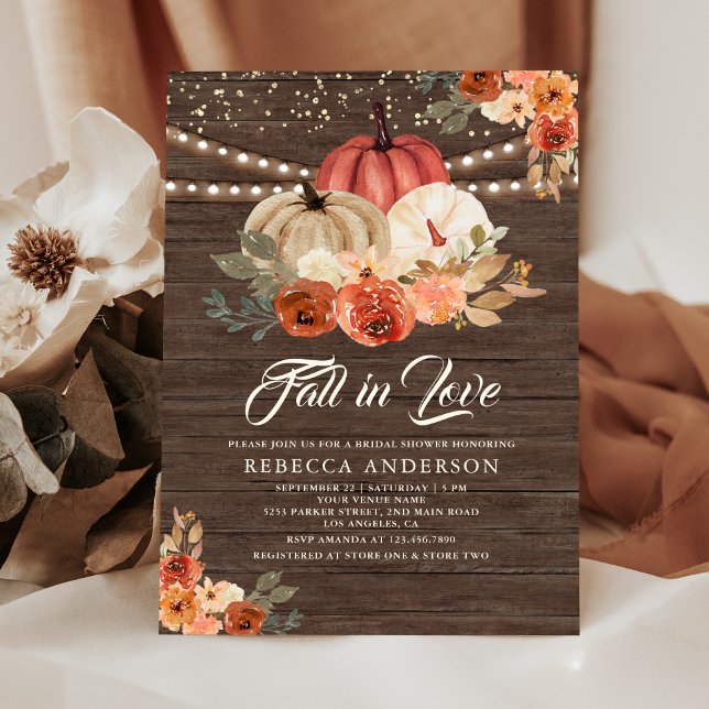 Fall in Love Terracotta Pumpkin Wood Bridal Shower Invitation (Creator Uploaded)