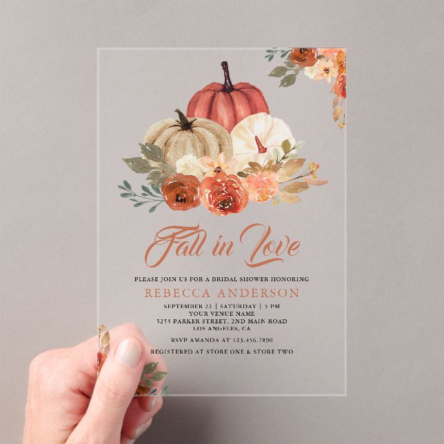 Fall in Love Terracotta Rust Pumpkin Bridal Shower Acrylic Invitations (Insitu (Handheld))