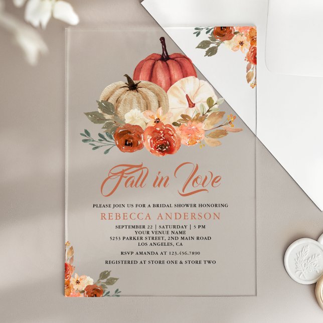 Fall in Love Terracotta Rust Pumpkin Bridal Shower Acrylic Invitations (Creator Uploaded)