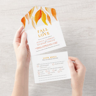 Fall in love watercolor fall leaves wedding all in one invitation