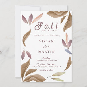 Fall In Love Watercolor Leaves Wedding Invitation