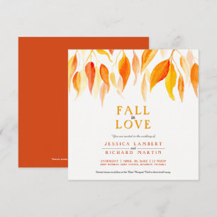 Fall in love watercolor orange leaf square wedding invitation