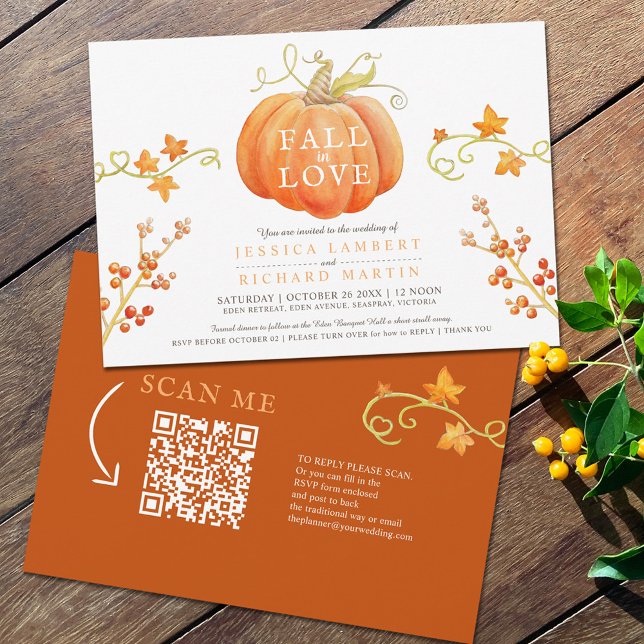 Fall in love watercolor pumpkin autumn QR wedding  Invitation (Other invitation options in this style are available)